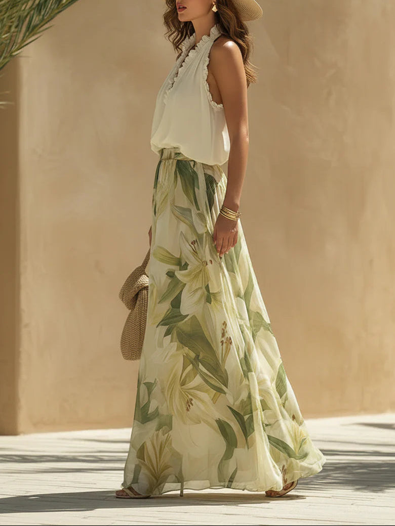 Margaretha | Semester Chiffon Volang Ärmlös Top och Liljeprint Byxset