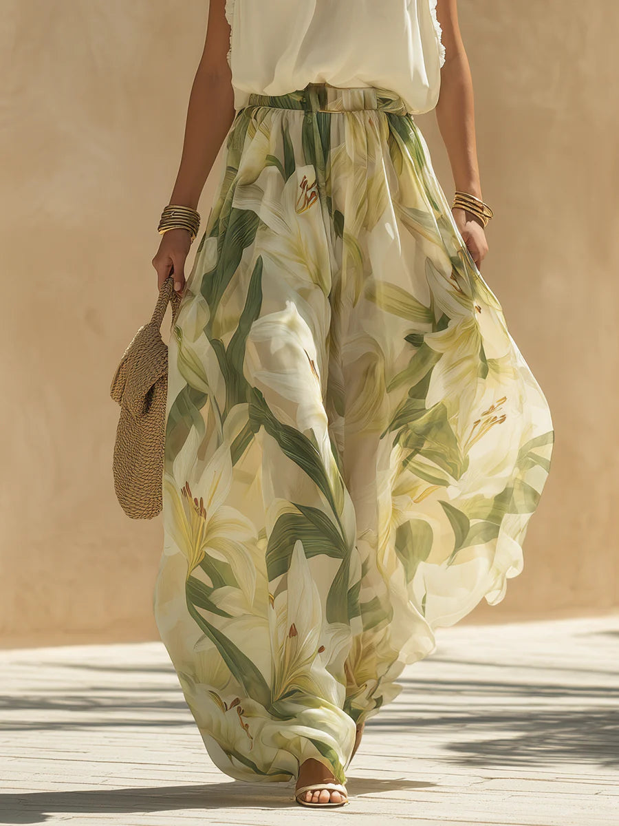 Margaretha | Semester Chiffon Volang Ärmlös Top och Liljeprint Byxset