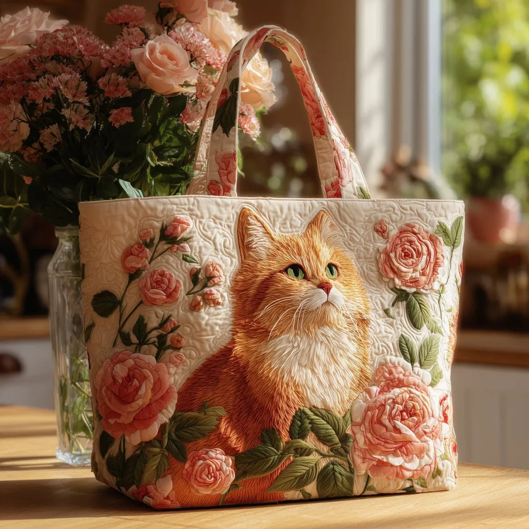 Handgjord väska med röd katt och rosa rosor