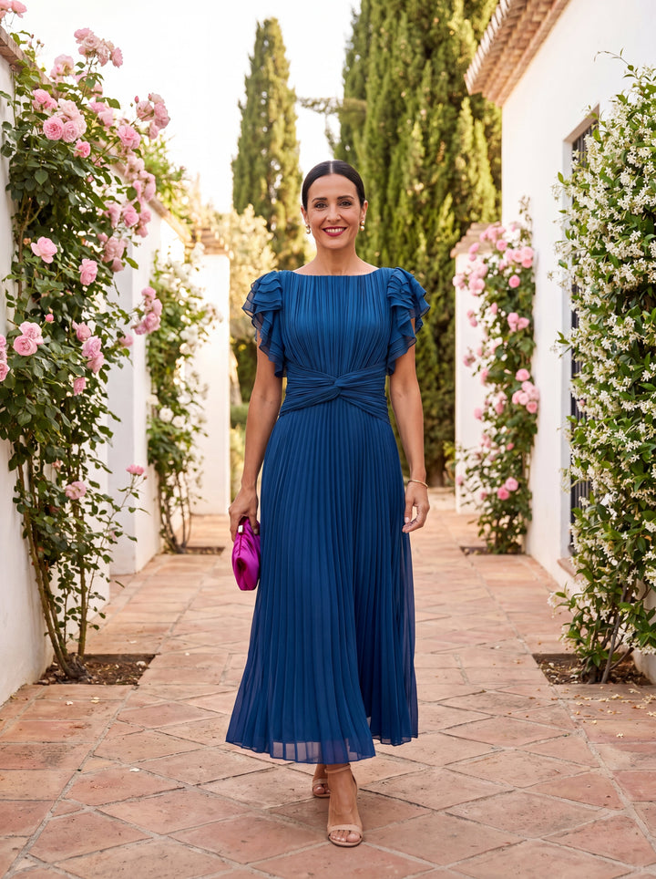 Seraphina | Elegant Maxi Klänning med Plissé och Knyttalje