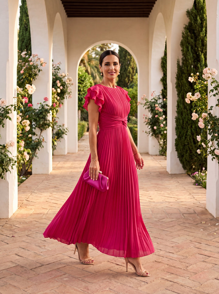 Seraphina | Elegant Maxi Klänning med Plissé och Knyttalje
