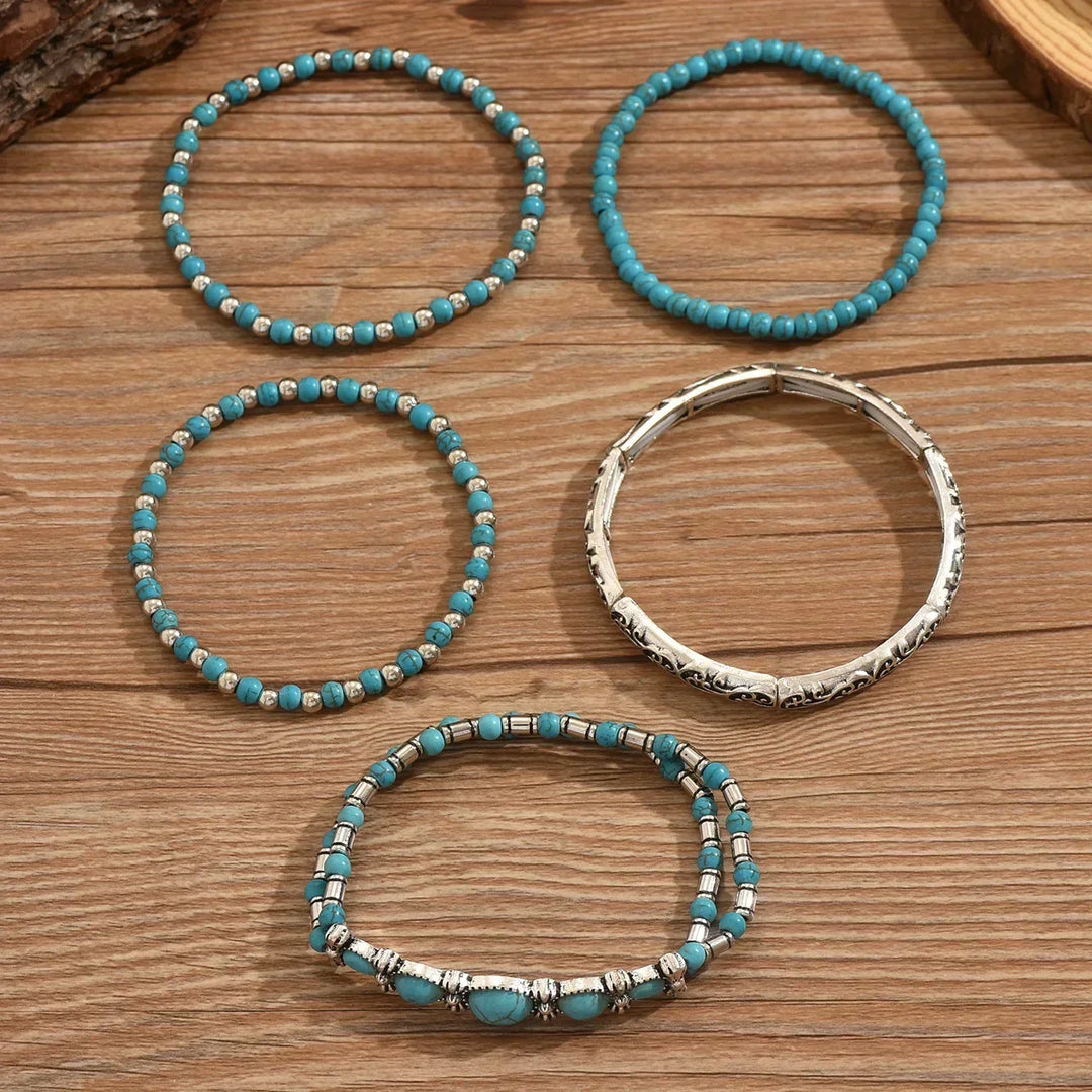 Boho-armbandsset med turkosa pärlor