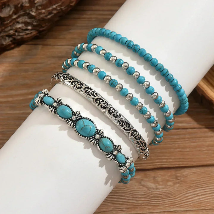 Boho-armbandsset med turkosa pärlor