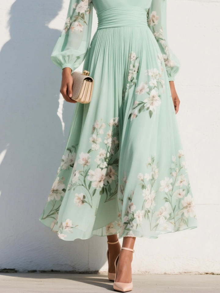 Cisella | Ljusgröna blommor midi klänning