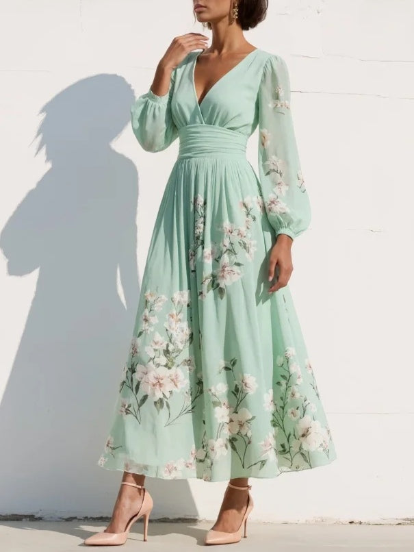 Cisella | Ljusgröna blommor midi klänning