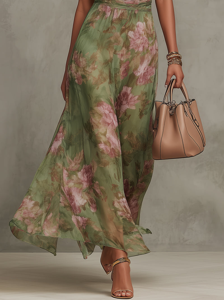Livia | Elegant Maxi Klänning med Blommor Halterneck