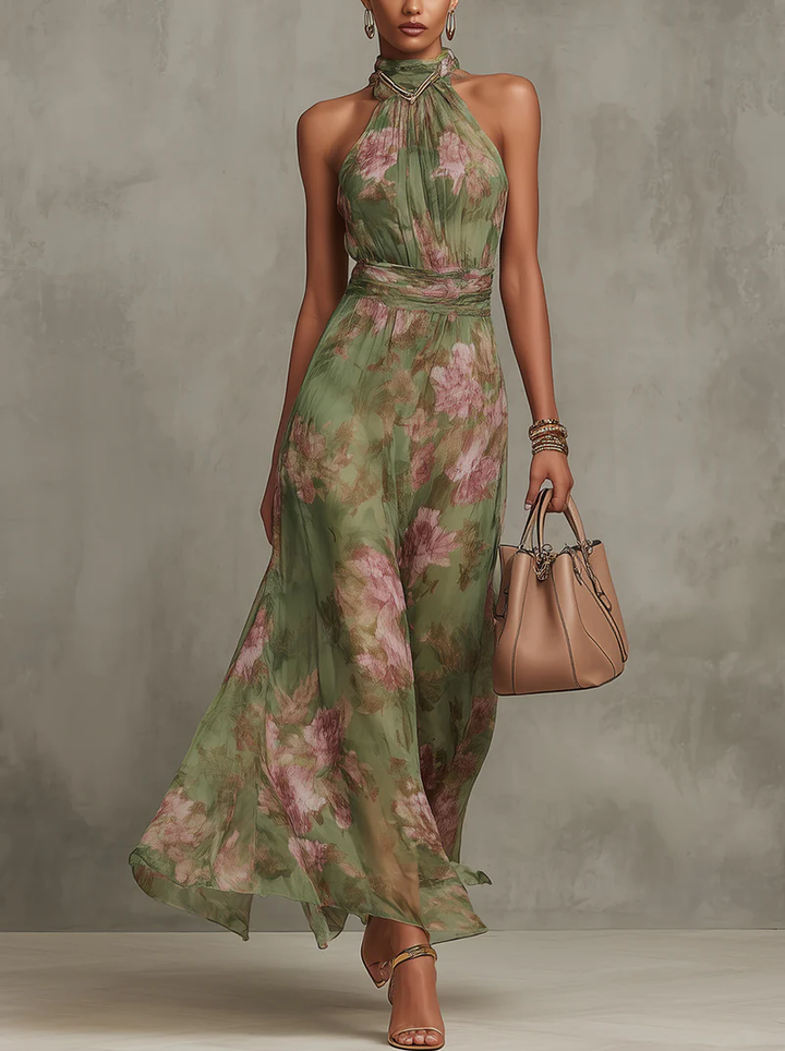 Livia | Elegant Maxi Klänning med Blommor Halterneck