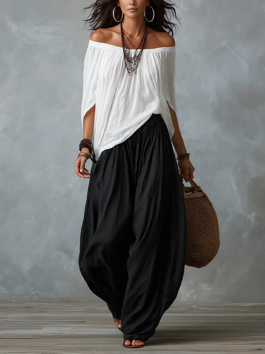 Wenna | Off-shoulder Topp Och Löst Passande Lanternbyxor Set