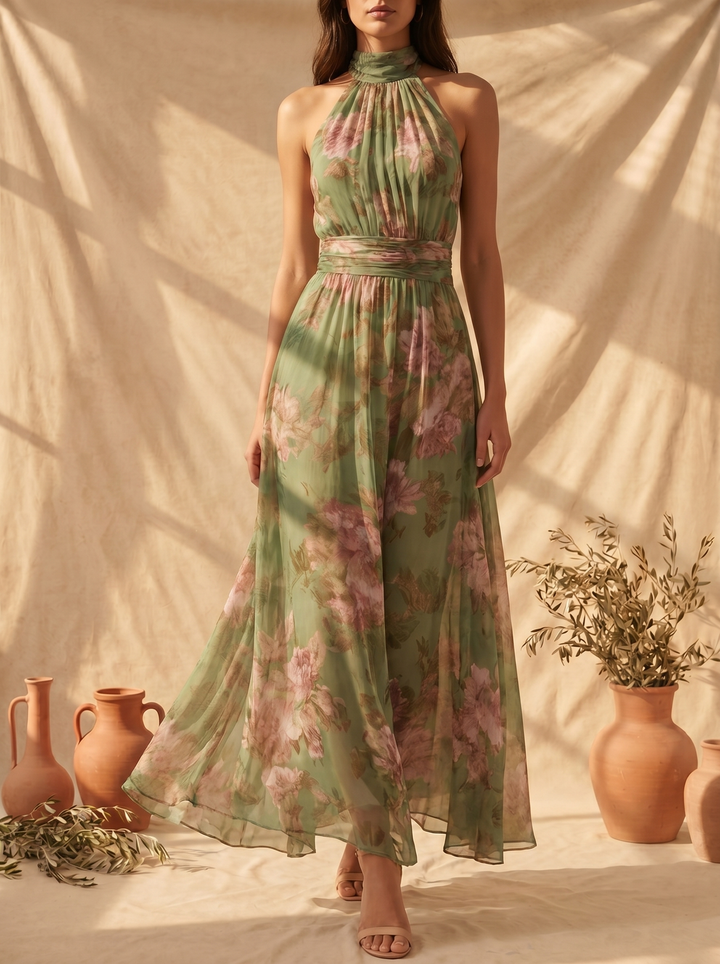 Livia | Elegant Maxi Klänning med Blommor Halterneck