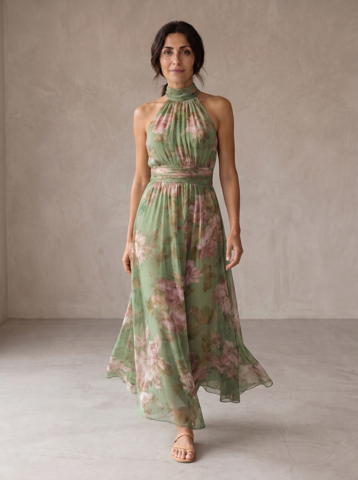 Livia | Elegant Maxi Klänning med Blommor Halterneck