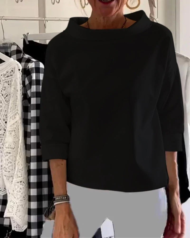 Mia | Dam Cowl Neck Topp 3/4 Ärmar Avslappnad Passform