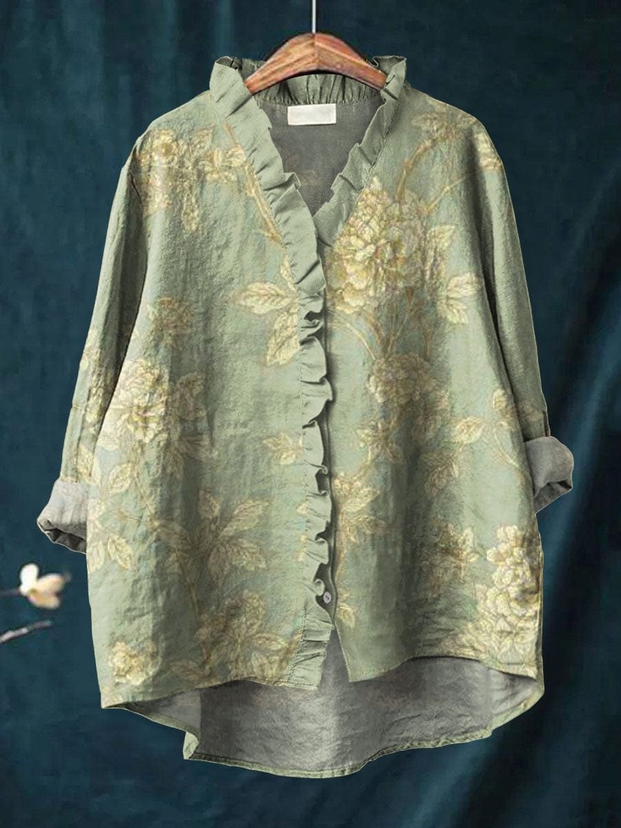 Victoria | Dam Vintage Blommig Linne Ruffle-Neck Blus